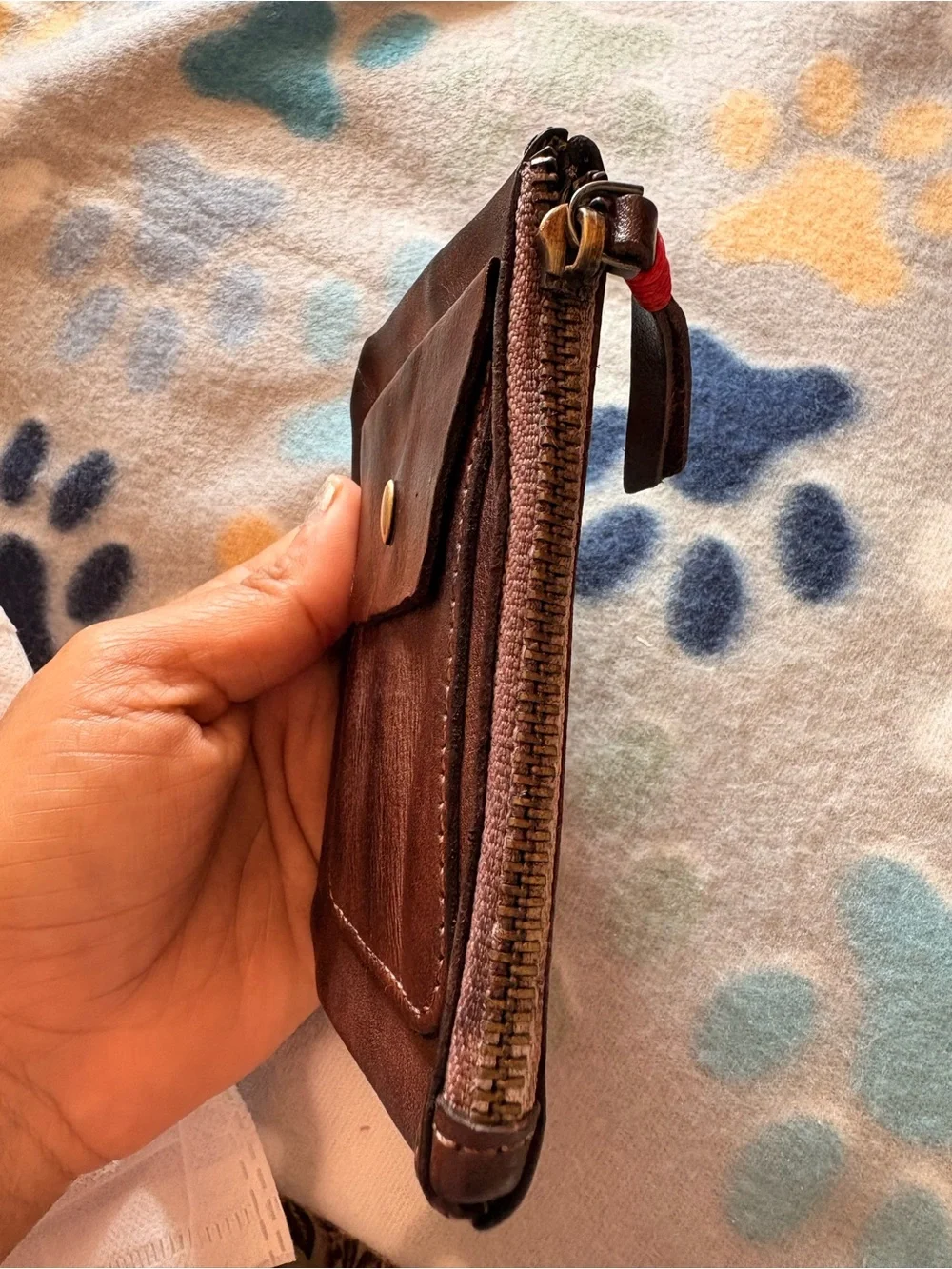 Vintage Brown Leather Zip Pouch with Front Snap Pocket